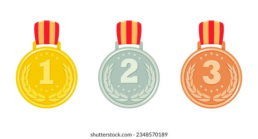 Gold, bronze and silver medals. Set of awards for first, second and third places. Prizes for winner.