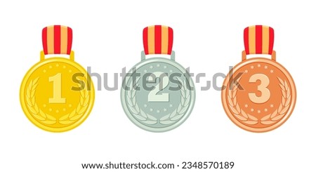 Gold, bronze and silver medals. Set of awards for first, second and third places. Prizes for winner.