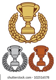 gold, bronze and silver trophy cup with laurel wreath (first, second and third place)