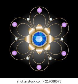 gold brooch in the form of openwork flower decorated sapphire, diamonds and amethysts