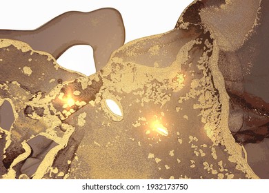 Gold and brown abstract background. Alcohol ink marble texture with glitter. Template for banner, poster design. Fluid art painting
