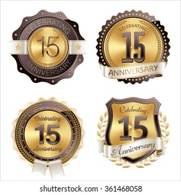 Gold and Brown Anniversary Badge 15th Years Celebrating.