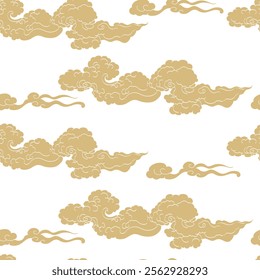 Gold and brown brush stroke texture with Japanese chinses cloud pattern in vintage style. Abstract art landscape banner design with watercolor texture vector.