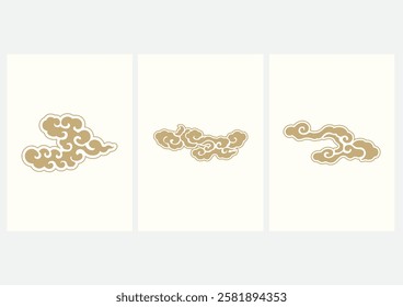Gold and brown brush stroke texture with Japanese chinses cloud pattern in vintage style. Abstract art landscape banner design with watercolor texture vector.