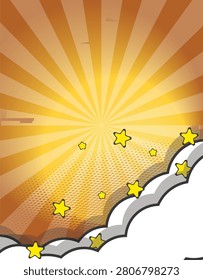 Gold and brown comic book background with sunburst rays, clouds and yellow stars