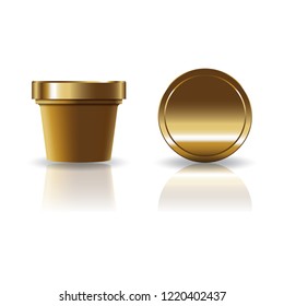 Gold brown cosmetic or food round cup with lid for beauty, healthy or food product. Isolated on white background with reflection shadow. Ready to use for package design. Vector illustration.