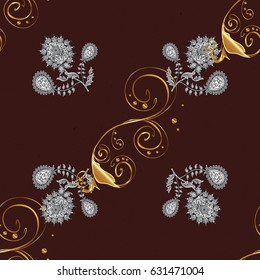 Gold brown floral ornament in baroque style. Golden element on brown background. Gold Wallpaper on texture background.Damask pattern repeating background.