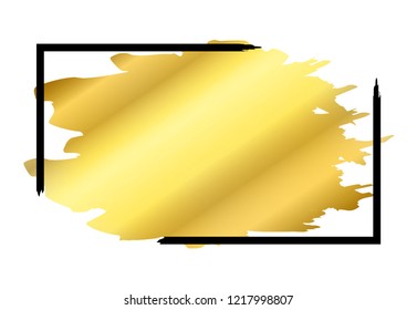 Gold brush in black rectangle frame isolated white background. Border golden grunge ink. Luxury smooth design banner, Happy New Year card, Christmas template. Splash stroke stain Vector illustration