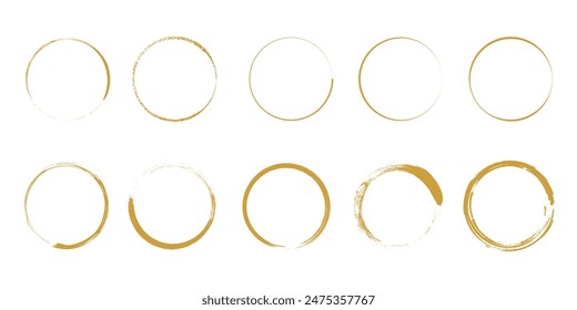 Gold brush. Hand draw circle set. 
Brush circles. Watercolor texture. Vector