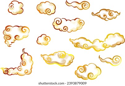 Gold Brush and Ink Wash Style Japanese and Chinese Cloud Set
