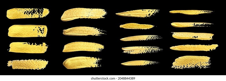 Ilustración vectorial del trazo de pintura de pincel dorado. Deslumbrante realista mancha de pinceles dorados brillar, mancha de mancha de papel de lámina metálica, diseño de salpicaduras amarillas elemento colección de lujo sobre fondo negro