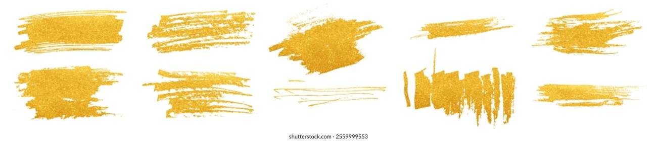 Gold brush paint strokes set. Vector hand drawn scratches. Lottery scratch win tickets design. Casino gambling card elements. Golden isolated brush stroke scribble textures on transparent white bg