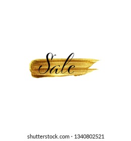 Gold brush stoke hand painted and Calligraphy lettering Sale isolated on white background. Golden brush stroke vector.