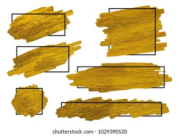 Gold Brush Stoke Texture On White Background With Black Line Frame Vector Illustration