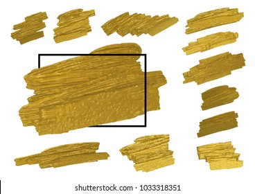 Gold Brush Stoke Texture On White Background With Black Line Frame Vector Illustration