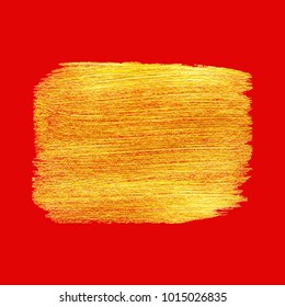 Gold brush stroke banner on a red background. Hand drawn acrylic smear paint stain design element isolated on a white background. Vector illustration.