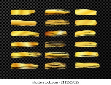 Gold brush stroke. Big set of hand drawn ink spots isolated on dark transparent background. Vector illustration