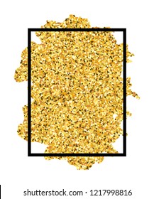 Gold brush stroke in black frame isolated white background. Golden sand with glitter. Bright glitter texture border, square frame, Happy New Year banner, Christmas celebration Vector illustration