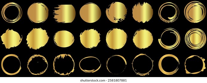 Gold brush stroke circle, metallic grunge round frame, shiny abstract stroke, luxury golden texture, elegant circular border, artistic ink splash, modern gold ring, decorative glowing stroke on black