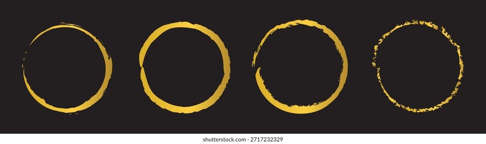 Goldener Pinselstrich Kreis, metallischer Grunge runder Rahmen, glänzender abstrakter Strich, luxuriöse goldene Textur, eleganter kreisförmiger Rand, künstlerischer Tintenspritzer, moderner Goldring, dekorativer glühender Strich auf Schwarz