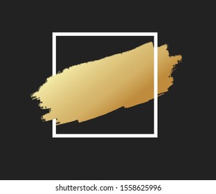 Gold brush stroke in the frame. Gold shiny grunge texture. Dirty design element, box, frame or background for text. Vector Illustration EPS10