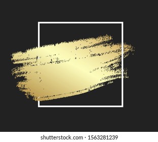 Gold brush stroke in the frame. Gold shiny grunge texture. Dirty design element, box, frame or background for text. Vector Illustration EPS10