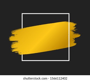 Gold brush stroke in the frame. Gold shiny grunge texture. Dirty design element, box, frame or background for text. Vector Illustration EPS10