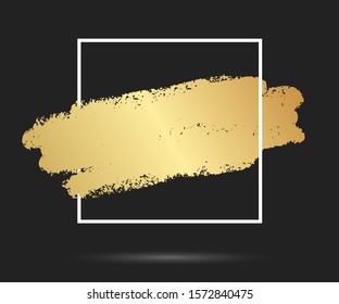 Gold brush stroke in the frame. Gold shiny grunge texture. Dirty design element, box, frame or background for text. Vector Illustration EPS10