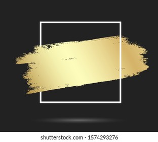 Gold brush stroke in the frame. Gold shiny grunge texture. Dirty design element, box, frame or background for text. Vector Illustration EPS10