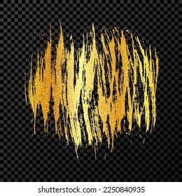 Gold brush stroke. Hand drawn ink spot isolated on dark transparent background. Vector illustration