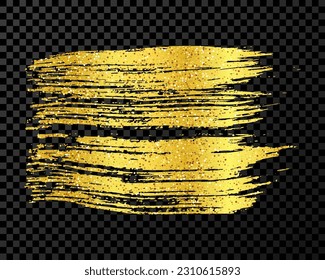 Golpe de pincel de oro. Punto de tinta dibujado a mano aislado en un fondo transparente oscuro. Ilustración del vector