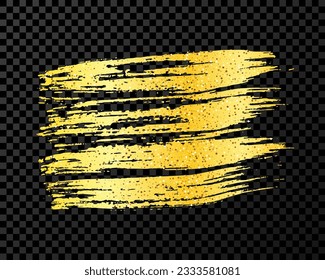 Golpe de pincel de oro. Punto de tinta dibujado a mano aislado en un fondo transparente oscuro. Ilustración del vector