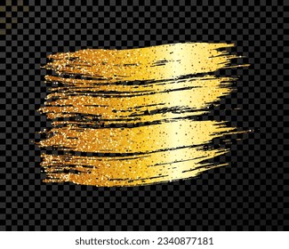 Gold brush stroke. Hand drawn ink spot isolated on dark transparent background. Vector illustration