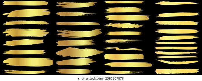 Gold brush stroke, metallic brushstroke set, abstract golden paint streaks, luxury grunge, artistic gold texture, elegant ink smudges, modern gold foil effect, shimmering brush design