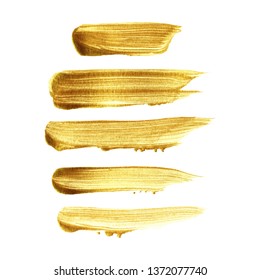 Gold Brush Stroke Paint Set Isolated On White Background 