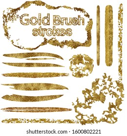 Gold brush stroke paint set isolated on white background. Vector Illustration
