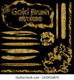 Gold brush stroke paint set isolated on black background