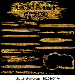 Gold brush stroke paint set isolated on black background. Vector Illustration