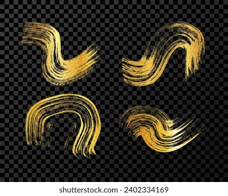 Gold brush stroke. Set of four hand drawn ink spots isolated on dark transparent background. Vector illustration