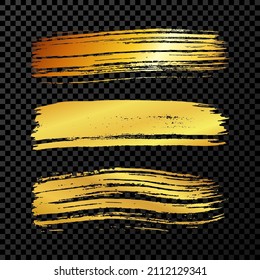 Gold brush stroke. Set of hand drawn ink spots isolated on dark transparent background. Vector illustration