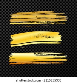 Goldener Pinselstrich. Set handgezeichnet, farbige Flecken einzeln auf dunkeltransparentem Hintergrund. Vektorgrafik