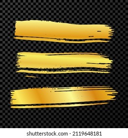 Gold brush stroke. Set of hand drawn ink spots isolated on dark transparent background. Vector illustration