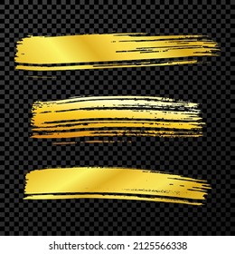 Gold brush stroke. Set of hand drawn ink spots isolated on dark transparent background. Vector illustration