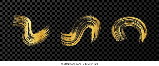 Golpe de pincel de oro. Conjunto de tres puntos de tinta dibujados a mano aislados en un fondo transparente oscuro. Ilustración del vector