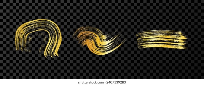 Gold brush stroke. Set of three hand drawn ink spots isolated on dark transparent background. Vector illustration