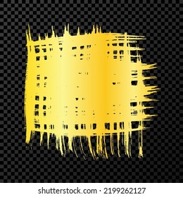 Gold brush stroke in square form. Hand drawn ink spot isolated on dark transparent background. Vector illustration