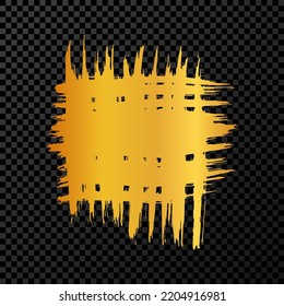 Golpe de pincel dorado en forma cuadrada. Punto de tinta dibujado a mano aislado en un fondo transparente oscuro. Ilustración del vector