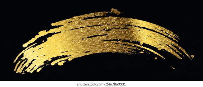 Gold Brush Stroke with Texture Effect on Black Background. Abstract Art Banner in Grunge Concept