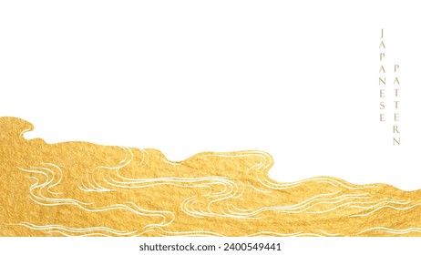 Gold brush stroke texture with Japanese ocean wave pattern in vintage style. Abstract art landscape banner design with watercolor texture vector. Marine concept