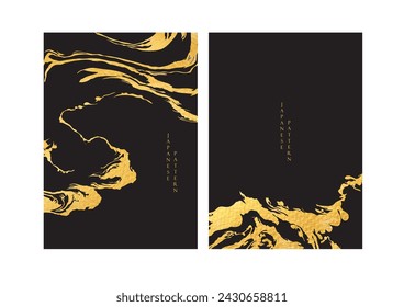 Gold brush stroke texture with Japanese ocean wave pattern in vintage style. Abstract art landscape banner design with watercolor texture vector. Marine concept. black background